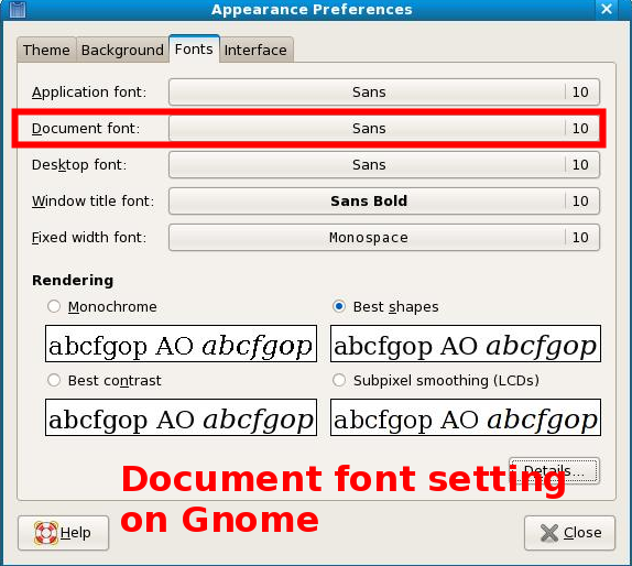 default system document font setting on gnome